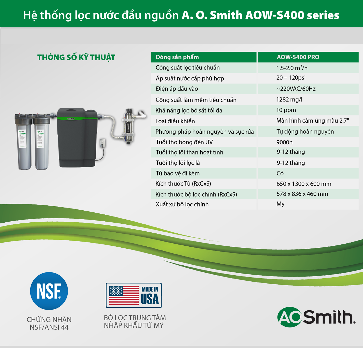 Thông số kỹ thuật hệ thống lọc nước đầu nguồn A.O Smith AOW-S400 PRO
